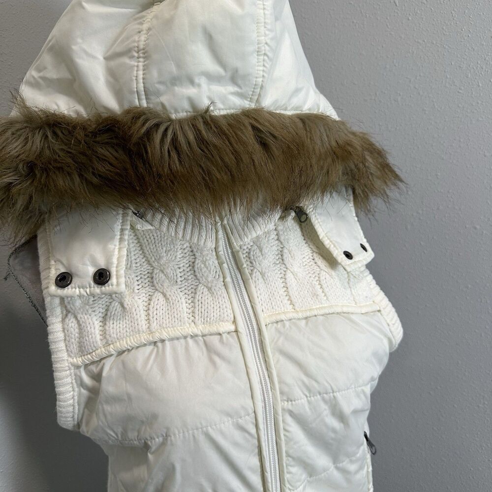 Sweater Project Cream Puffer Vest Faux Fur Hood Cable Knit Womens Size Large L